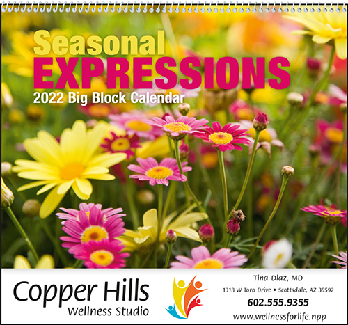 Seasonal Flowers Bib BlockSpiral Bound Wall Calendar for 2022